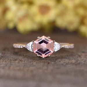 Bague de fiançailles en morganite rose taille hexagonale, plaqué or rose 14 carats, argent sterling 925, bijou de promesse, cadeau d'anniversaire pour elle - Product Image 1