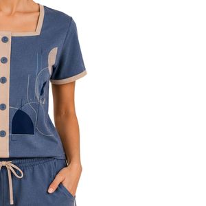Blue And Beige Women Two Piece Shorts Set Square Neck Button <b>Top</b> Graphic Print Contrast Trim Casual Summer Cotton Lounge Wear - Product Image 4
