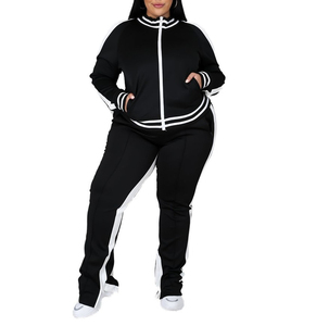 Ensemble de survêtement décontracté deux pièces pour femme grande taille, à capuche, imprimé, écoresponsable, à manches longues, zippé, rayé et ajouré, automne-hiver - Product Image 3