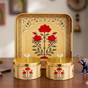 Contenants de rangement pour épices en métal de style oriental avec un design floral rouge et des couvercles hermétiques pour une utilisation en cuisine - Product Image 1