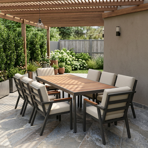 Conjunto de Comedor de Madera Maciza para Exteriores, Resistente a la Intemperie, OEM ODM, Marco de Madera o Aluminio Personalizado, Tamaño, Color de Cojines, Vietnam, 6/8 Plazas, Hotel - Product Image 5