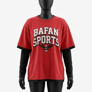 Camiseta de hombre de jersey de algodón premium de doble capa, color rojo por fuera y negro por dentro, manga larga, logotipo personalizado serigrafiado, camisetas de algodón de doble capa - Product Image 4