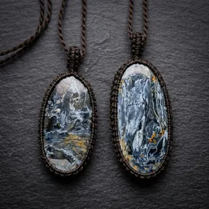 Collier pendentif en pierre naturelle Ha Gems, style bohème, serti de macramé, forme ovale, unisexe, à porter au quotidien, cordon noir, 18 pouces - Product Image 3
