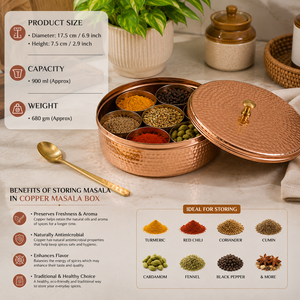 Caja de Masala de Cobre Martillado Hecha a Mano con Tapa, Contenedor de Almacenamiento de Especias Indias, 7 Compartimentos, Organizador de Cocina, Regalo, Venta al por Mayor - Product Image 5