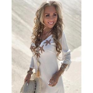 Vestido Mini Bohemio Bordado con Cuello en V para Mujer, Vestido de Verano Blanco Informal de Manga Larga para la Playa - Product Image 3