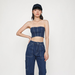 Vestido vaquero sin tirantes sexy con abertura y estampado estilo urbano de algodón de alta calidad para mujer, venta al por mayor - Product Image 1