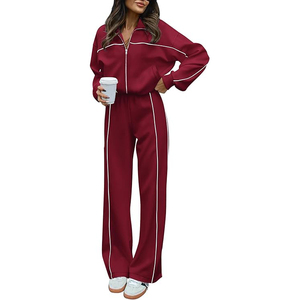 Women's Red Tracksuit Set Full Zip Long Sleeve Loose Fit Sporty Jogger <b>Pants</b> With Side Stripe All Seasons Wear - Product Image 1