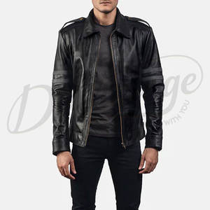 Chaqueta de Cuero Genuino Negra para Hombre con Franjas Grises en los Bíceps, Chaqueta de Motero Elegante, Corte Ajustado, Abrigo Urbano de Invierno - Product Image 4