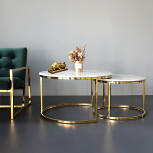 Juego de Mesas de Centro Redondas Modernas de Lujo con Tapa de Mármol Blanco y Marco de Metal Dorado para Sala de Estar - Product Image 1