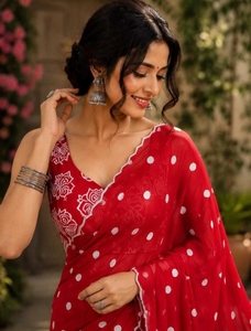 KV Women's Polka Print Bollywood Silk Blend <b>Saree</b> with Unstitched Blouse (<b>Red</b>) Reversible Quick Dry Wrinkle-Free Wedding - Product Image 1