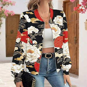 New <b>Womens</b> Woven Bomber <b>Jacket</b> Stylish Long Sleeve Lightweight Modern Casual Fashion Floral Print Customizable - Product Image 5