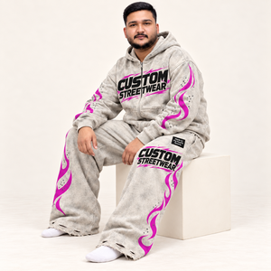 Conjunto de chándal unisex lavado con estampado personalizado, sudadera con capucha de cremallera completa, pantalones de chándal de pierna ancha, dobladillo desgastado, estilo urbano oversize - Product Image 3