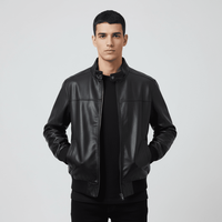 Blouson bomber en cuir PU noir pour homme, col montant, fermeture éclair, coupe décontractée, style automne