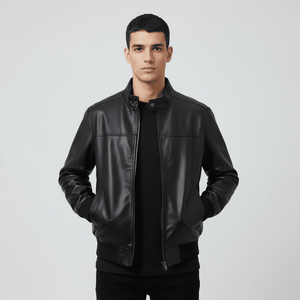 Blouson bomber en cuir PU noir pour homme, col montant, fermeture éclair, coupe décontractée, style automne - Product Image 1