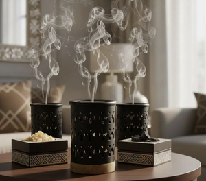 Encens en métal durable très populaire avec finition noire mate et base en bois ajourée, design tendance, pour commandes en gros - Product Image 5