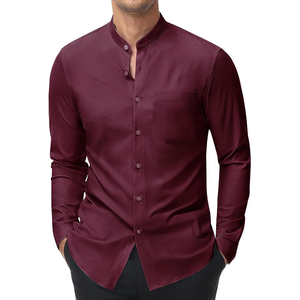 Chemises habillées décontractées pour hommes, motif uni, mélange polyester/coton, manches longues, infroissables, respirantes, col montant, bouton unique - Product Image 3