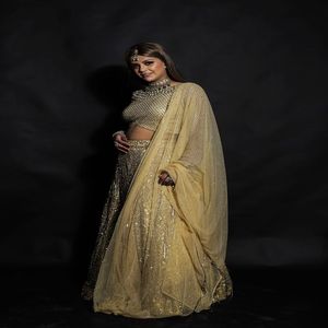 Womens Plus Size | Golden Lehenga Choli | Luxury Bridal Lace | Crystal Embellished | Floor Length A Line | Wedding Outfit Set. - Product Image 3