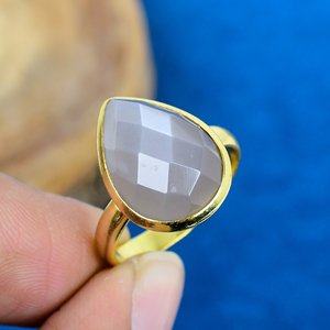 Natural Gray Chalcedony Pear Shape Gemstone <b>Ring</b> 18k Gold Plated Over <b>925</b> Sterling <b>Silver</b> - Product Image 1