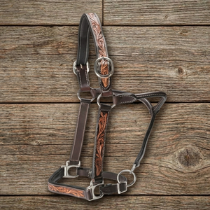 Licol de luxe en cuir sculpté à la main avec surpiqûres contrastées et double quincaillerie en laiton réglable – Licol Western - Product Image 1