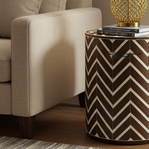 Mesa de Noche Moderna de Lujo con Incrustaciones de Hueso y Patrón Chevron Ecológico, Mesa de Tambor de Madera Hecha a Mano para Decoración de Sala de Estar - Product Image 3