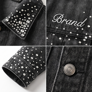 Luxury Washed Black Rhinestone <b>Denim</b> <b>Jacket</b> Heavyweight Cotton Trucker Streetwear Jean Coat for Men - Product Image 3