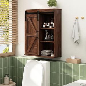 Wall Mounted Wooden Bathroom <b>Cabinet</b> <b>Rustic</b> Farmhouse Style 3 Shelf Storage with Metal Handle and Open Display - Product Image 2