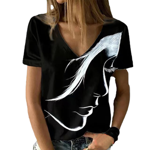 Women's 2026 Breathable Loose <b>Fit</b> Spandex <b>V</b>-Neck Short Sleeve T-shirt Hot Selling Casual Top for Summer Spring Portrait Pattern - Product Image 3