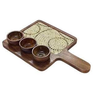Elegant Wooden Party Serving Tray with 3 <b>mini</b> bowl Decorative Tile Centerpiece and Wooden Bowls for Snacks and Sauces - Product Image 2