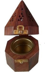 <b>Decorative</b> Solid Wood Incense Censer Holder With Unique Geometric Carved Panels Covered Lid And Inner Metal Bowl For Dhoop Batti - Product Image 4