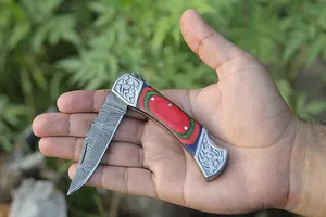 Cuchillo Plegable Recto de Acero de Damasco Hecho a Mano DIY con Bloqueo Trasero, Mango de Madera Pakka Multicolor, Personalizable OBM OEM para Camping - Product Image 3