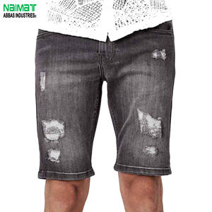 Shorts en jean déchirés pour hommes, coupe slim, gris délavé, décontractés d'été, en coton, longueur genou - Product Image 1