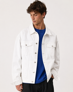 High Quality Custom <b>Mens</b> <b>White</b> Denim Jean <b>Jacket</b> Garment Dyed Single Breasted Retro Casual Autumn Winter 100% Cotton Windproof - Product Image 3