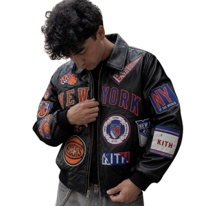 Hailey Bieber MSG Icon New York Knicks Leather Jacket | Celebrity Streetwear Varsity Biker Bomber High-Volume Glossy Black NYC - Product Image 1