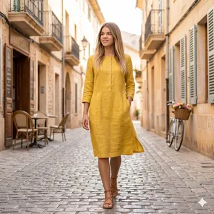 Luxury Yellow Plain Cotton Midi <b>Dress</b> With Button Front 3/4 Sleeve <b>Loose</b> Fit Boho Style Summer Casual <b>Dress</b> For Women - Product Image 6
