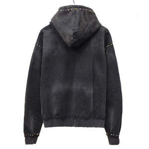 Sweat à capuche homme rétro délavé multicolore avec strass, 100 % coton, coupe personnalisée OEM, fermeture éclair et strass, effet délavé à l'acide pour l'hiver - Product Image 5