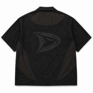 Black <b>Y2K</b> Boxy Button-Up <b>Shirt</b>, Oversized Short Sleeve Camp Collar Streetwear <b>Shirt</b> with Mesh Panels, Rhinestone Placket & Tonal - Product Image 4