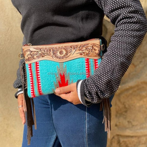 New Arrival Aztec Saddle <b>Blanket</b> Leather Handbag Hand Tooled Leather Fringe Sling Handbag Western Style Crossbody Handbag - Product Image 2