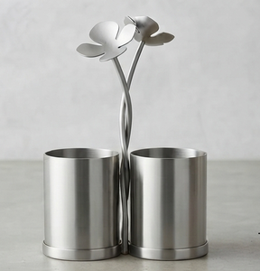 Support à couverts en métal argenté en forme de fleur, porte-tasses double, rangement de cuisine sur pied - Product Image 2
