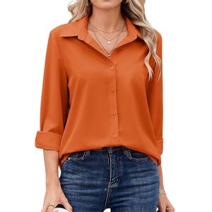<b>Women</b> Polyester Chiffon Rust <b>Orange</b> Long Sleeve Office Blouse with Classic Button Front and Relaxed Dress Work Fit - Product Image 2