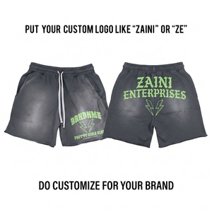 Shorts de sport pour homme en coton tissé 100% premium 350 GSM, imperméables, respirants, avec logo pailleté sur le devant, taille élastique et ourlet brut, style streetwear - Product Image 1