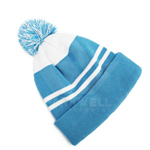Bonnet en tricot rayé avec pompon pour adultes, unisexe, chapeau d'hiver orange, bleu, blanc, en acrylique, design à revers, tenue décontractée - Product Image 4