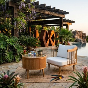 Modern Solid Oak Comfortable Sofa Set with White Cushion and UV-Resistant PE Rattan Throw Blanket for Outdoor Use - Product Image 3