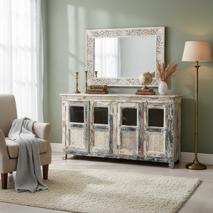 Whitewashed Solid Wood Antique Durable Sideboard 4 Glass Doors <b>Rustic</b> Farmhouse Display <b>Cabinet</b> Large Storage Buffet Distressed - Product Image 1