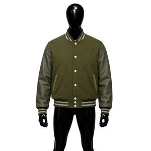 Blouson universitaire en laine d'olive premium pour homme, style streetwear, avec manches assorties, col rabattu, poignets et ourlet, fermeture à boutons corne, hiver - Product Image 1