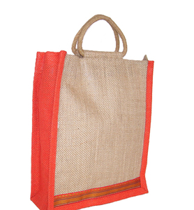 Jute Shopping <b>Bag</b> with Red Border and Zari Trim Small Size Rope Handle Shoulder Strap Supermarket Use - Product Image 3