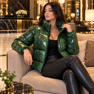 Blouson matelassé en cuir serpent vert style motard pour femme, doublure en soie respirante, col montant, mode hiver - Product Image 5