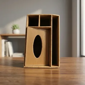 Wooden Tissue Box With Oval Opening And Storage Compartments For <b>Desk</b> Organization - Product Image 4
