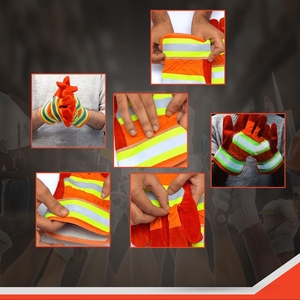 High Visibility Red Split Cowhide Leather Work Gloves With Reflective <b>Strip</b> Fluorescent Drilled Cotton <b>Fabric</b> Safety Cuff - Product Image 4