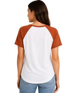 Camiseta raglán personalizada blanca y naranja quemado para mujer, cuello redondo informal, manga corta, mezcla de algodón suave, top de moda de verano - Product Image 2