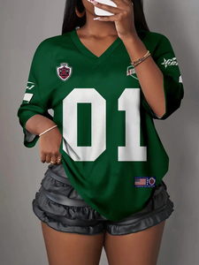 Summer New Street Style Retro 01 Print <b>Women</b> T-Shirt V-Neck Short Sleeve Sports Football Jersey Y2K Loose Oversize <b>Tops</b> Tee - Product Image 2